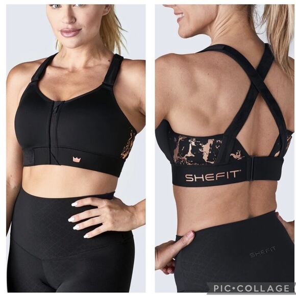 SheFit Flex Medium Impact Sports Bra Black Rose Gold Size 2 Luxe